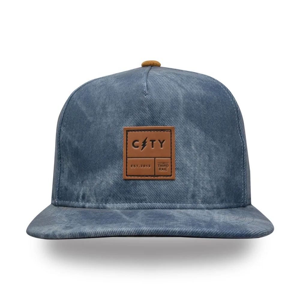 Hot sale denim PU leather patch embroidery snapback cap flat bill outdoor street cap