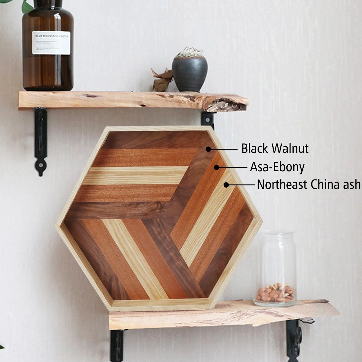 Walnut Wood Hexagon Serving Tray Splicing Wooden Breakfast Tray Serving Dinner Coffee Tray at Home