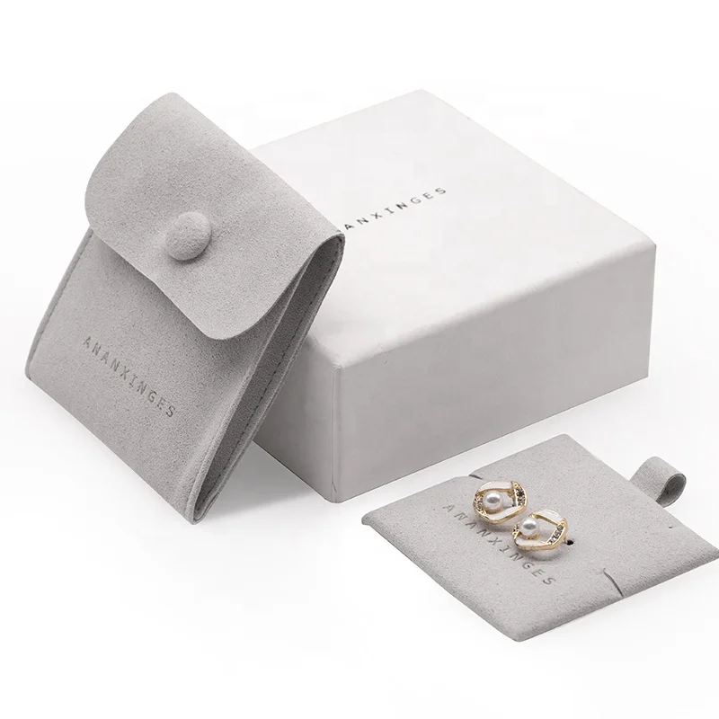 2023 jewelry packing suede jewellery gift box bag black packaging boxes microfiber snap button bag with insert card