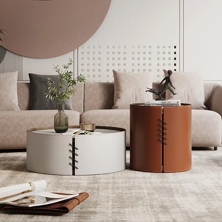 Orange saddle leather anti scratch designer 2pcs round living room furniture modern style leather coffee table and tv stand