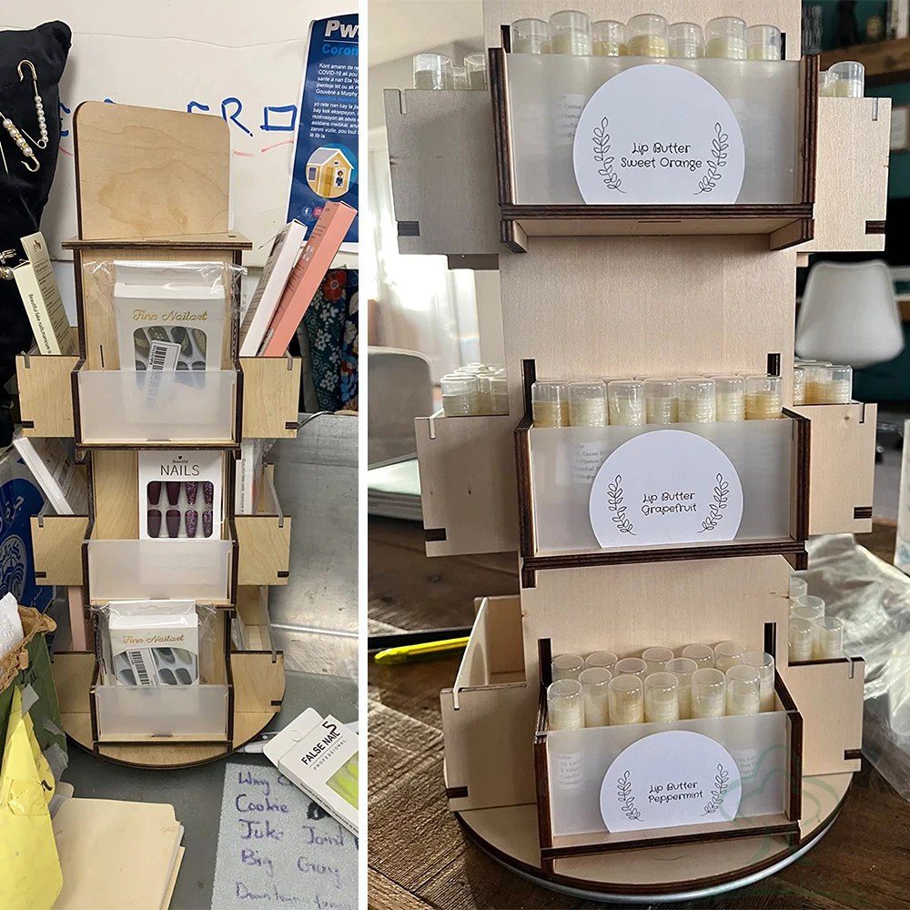 3 Tier Rotating Sticker Display Stand for Vendors,Wooden Countertop Organizer Shelf for Coasters, Retail, Showcase, Tradeshow