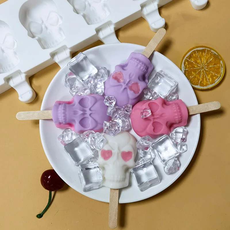 3D Diy skulls Popsicle ice cream silicone mold mould Six squares with cover and ice cream Household Home-made popsicle ice cream