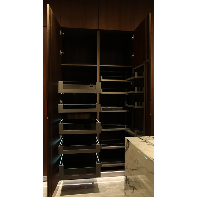 George Walnut wood grain cabinet with waterfall marble bar counter kitchen
