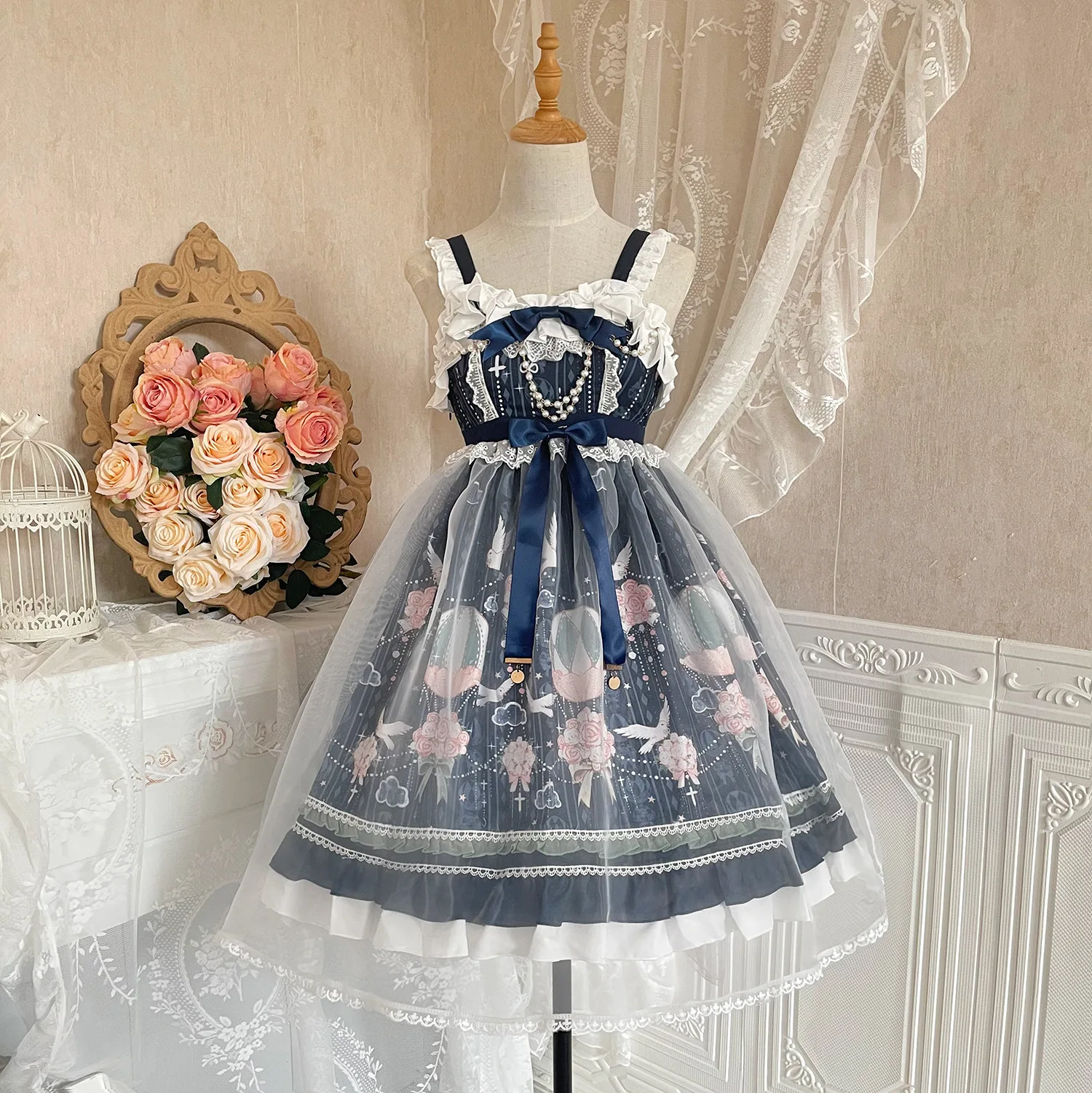 Fairy tale printing ruffle bow tie lolita dress gothic costume JSK lolita dresses macys casual long dress