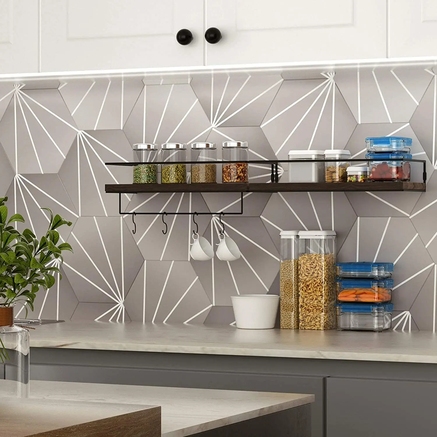 Wall Mounted Storage Shelves with Metal Frame and Towel Rack Floating Shelves for Wall