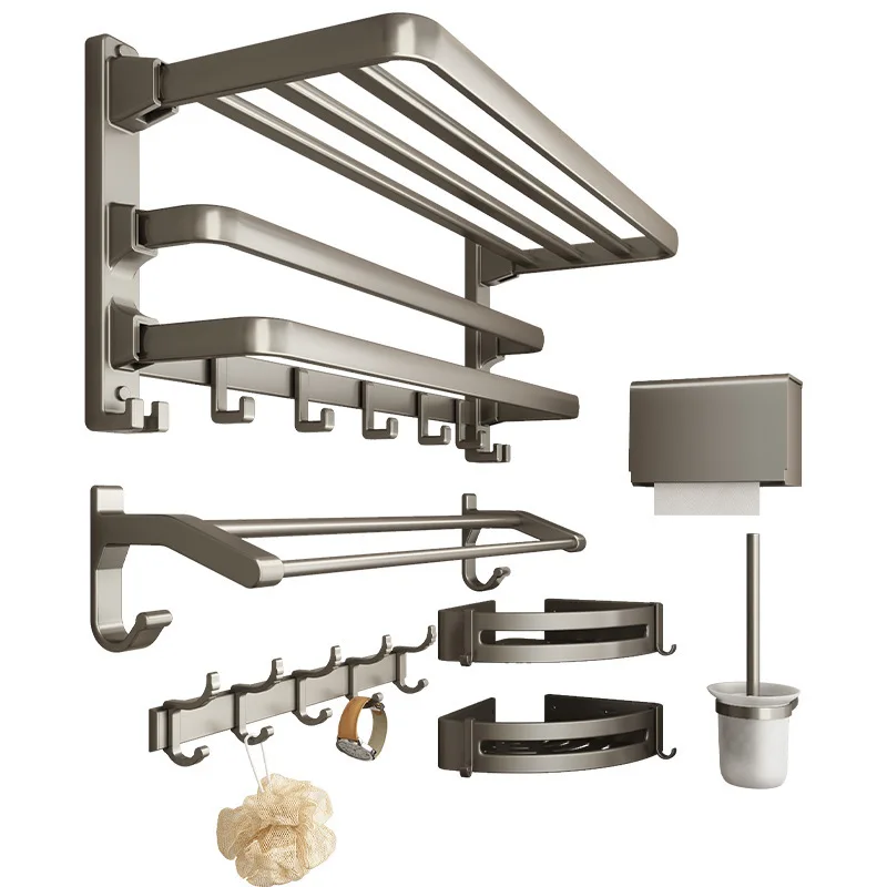 Factory 3 Layer Towel Rack Wall Mounted No Punch Towel Shelf with Hooks Foldable Black Aluminium Towel Storage Holder