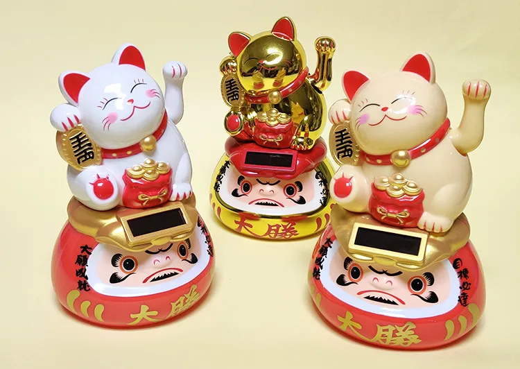
Cute solar power Japanese Dharma Fortune Lucky Cat with Waving Arm 