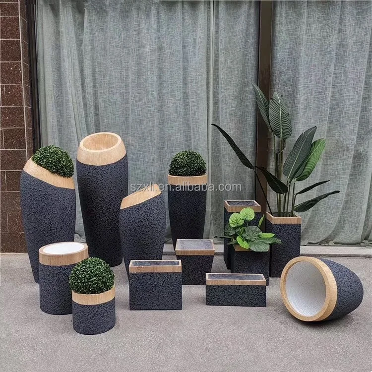 Indoor wood grain color floor standing large vase stone paint fiberglass decor plant pot decorated rooms vase