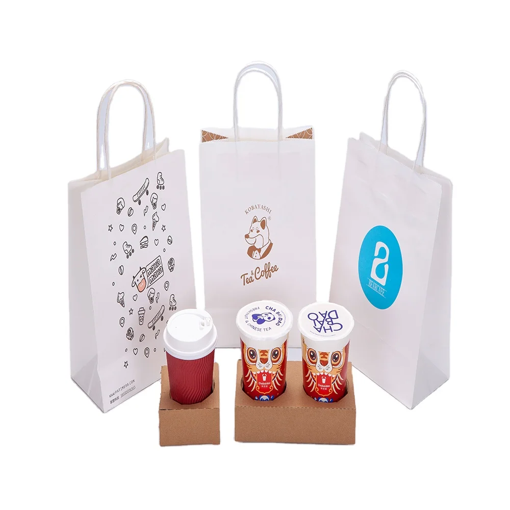 Custom Logo Print Wholesale Bolsa Papel Recyclable Kraft Paper Coffee Hot Drink Take Away Food Bag with Handle