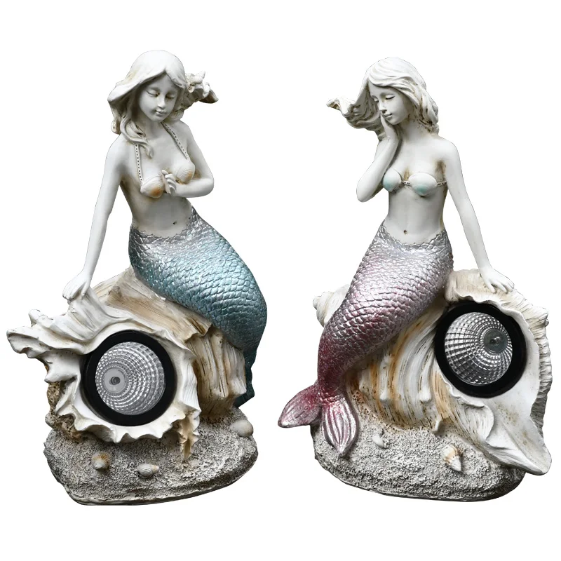2021 New Design  Fish Figurine Resin Mermaid Solar Light Sculpture Statues Outdoor Garden Decor