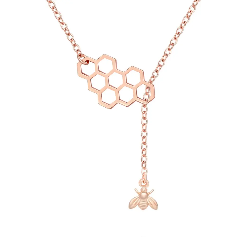 Geometric Bee Hive with Tiny Honey Bee Lariat Y Necklace