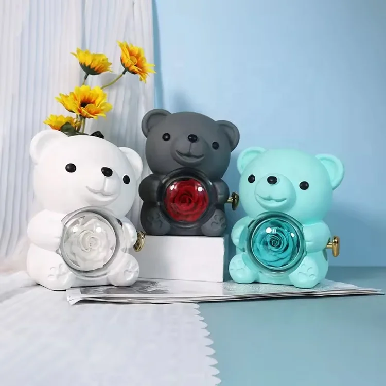 Luxury Little Bear Rotating Pink Blue Preserved Flower Jewelry Rose Gift Box For Rings And Necklaces