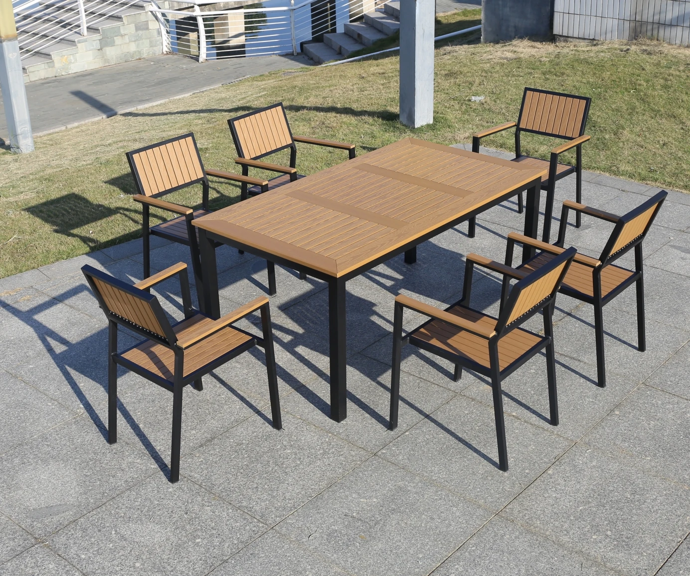 AWT003L China wholesale outdoor furniture plastic wood 160cm long table  with 4 or 6 people for garden patio villa courtyard
