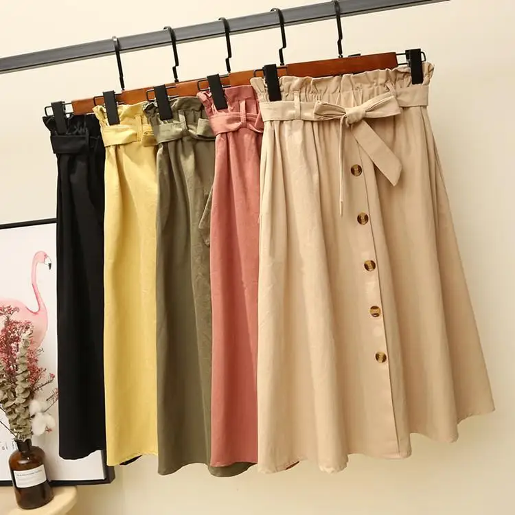maxi dress Midi Knee Length Korean Elegant Button High Waist Skirt Female Pleated School Skirt Casual Simple