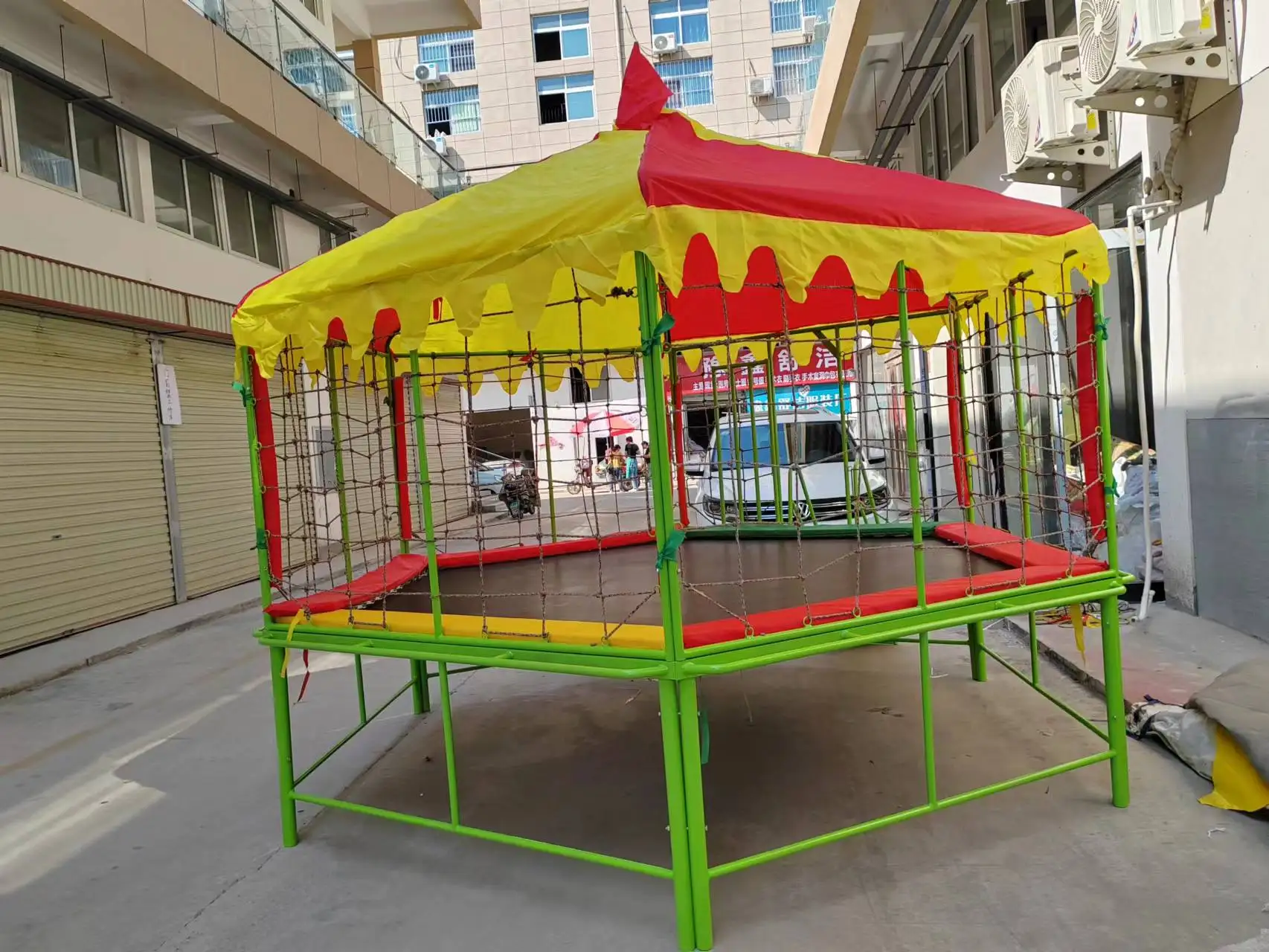 hexagonal trampoline with net for family PP mat trampoline with stairs