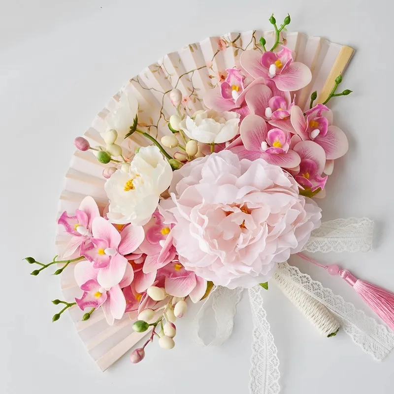 Wedding Ancient Style Wedding Welcome Morning Robe Fan New Chinese Bride Photography Props Phalaenopsis Orchid Folding Fan