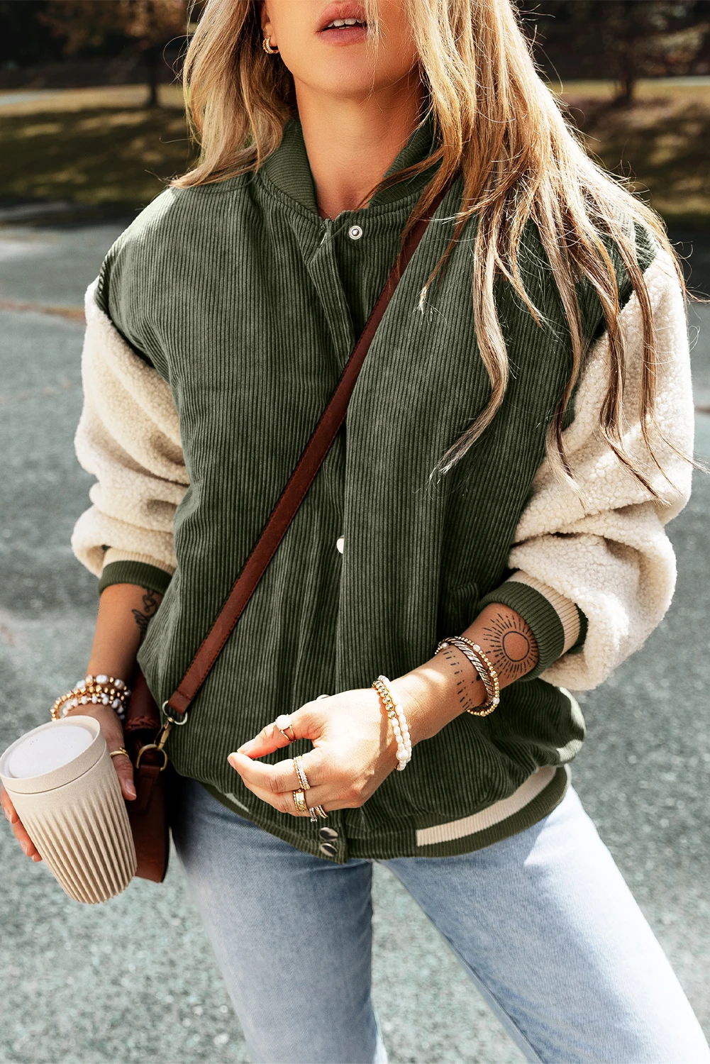 Dear-Lover Mist Green Corduroy Fleece Patchwork Buttoned Bomber Women Jacket Winter