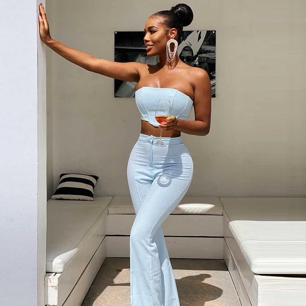  JillPeri Strapless Corset Crop Top and Flare Pants Sets Solid High Waist Women Sexy Outfit Elegant Casual Legging 2 Piece