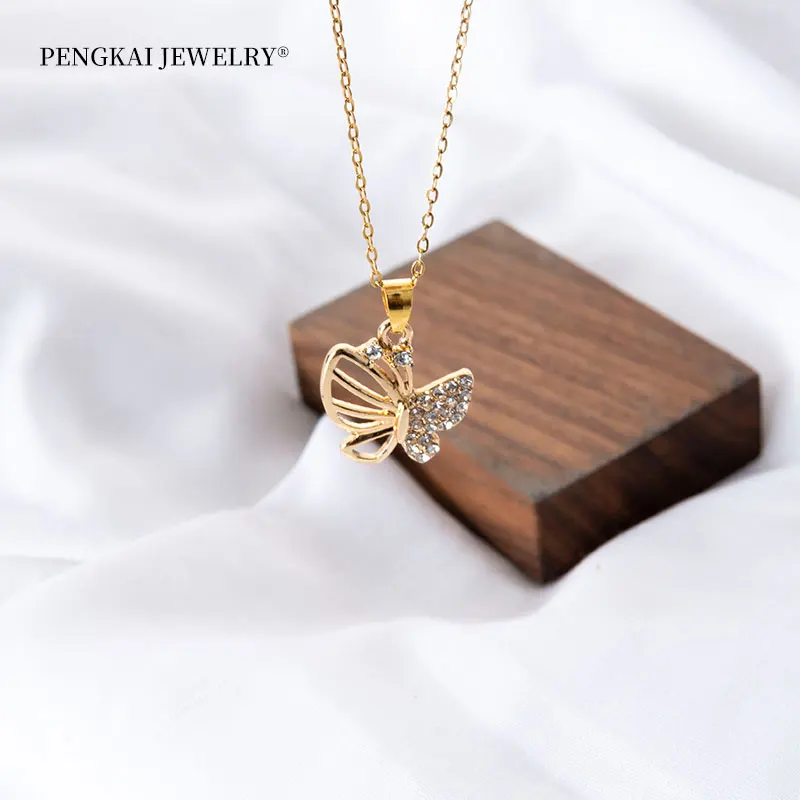 High Quality Luxury Butterfly Necklace New Design Gold Plated Stainless Steel Chains Crystal Pendant Fashion Jewelry Necklace