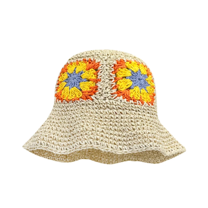 Ladies Summer Hats Crochet Hollow Flower Straw Hats for Women Beach SunHats Foldable Female Beach Bucket hat Stock