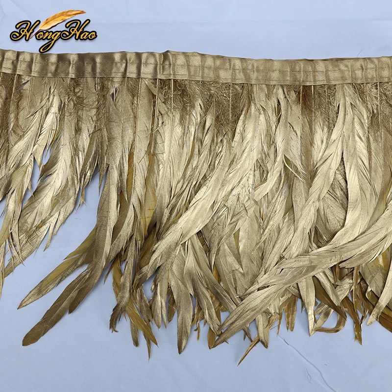 Customized 2M Gold Dyed Rooster Feather Coque Fringes Trims for Headdress Backpacks Carnival Costume Accessories