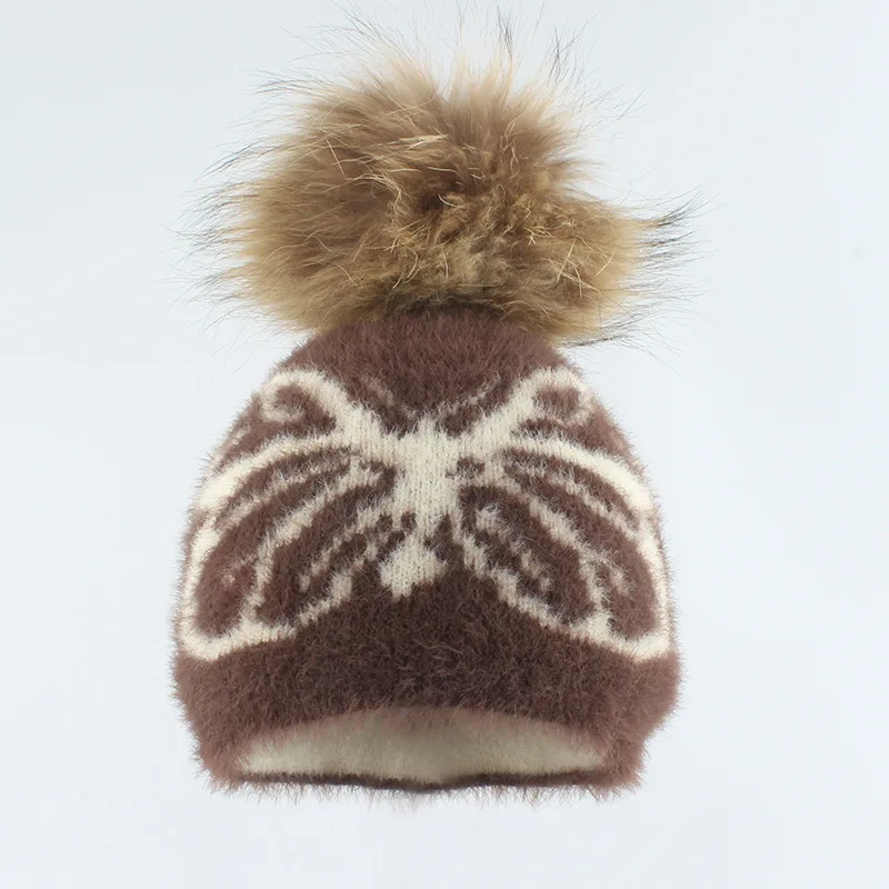 FF3090 Woman Pom Pom Beanie Hats Ski Snow Skull Caps Warm Butterfly Jacquard Knitted Beanies Cap Fuzzy Furry Fluffy Winter Hats