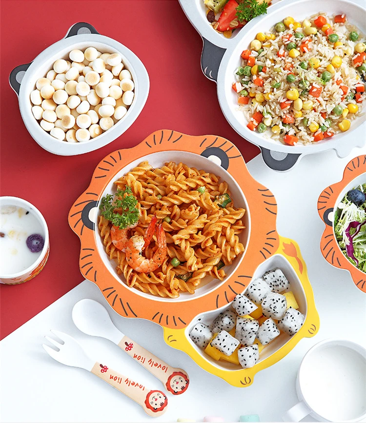 10 Design 5pcs/set Baby Tableware Cartoon Children Feeding Dishes Kids Bamboo Fiber Bowl Fork Cup Spoon Dinnerware Set