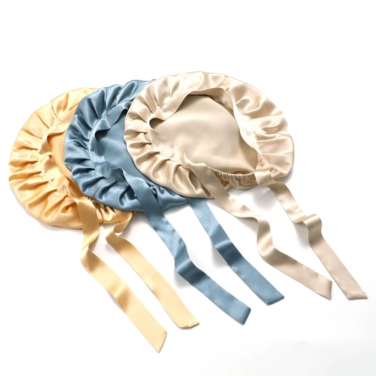 2021 Wholesale custom logo 19mm silk Hair Bonnet  turban Designer 100% mulberry Silk Bonnets with Ribbon