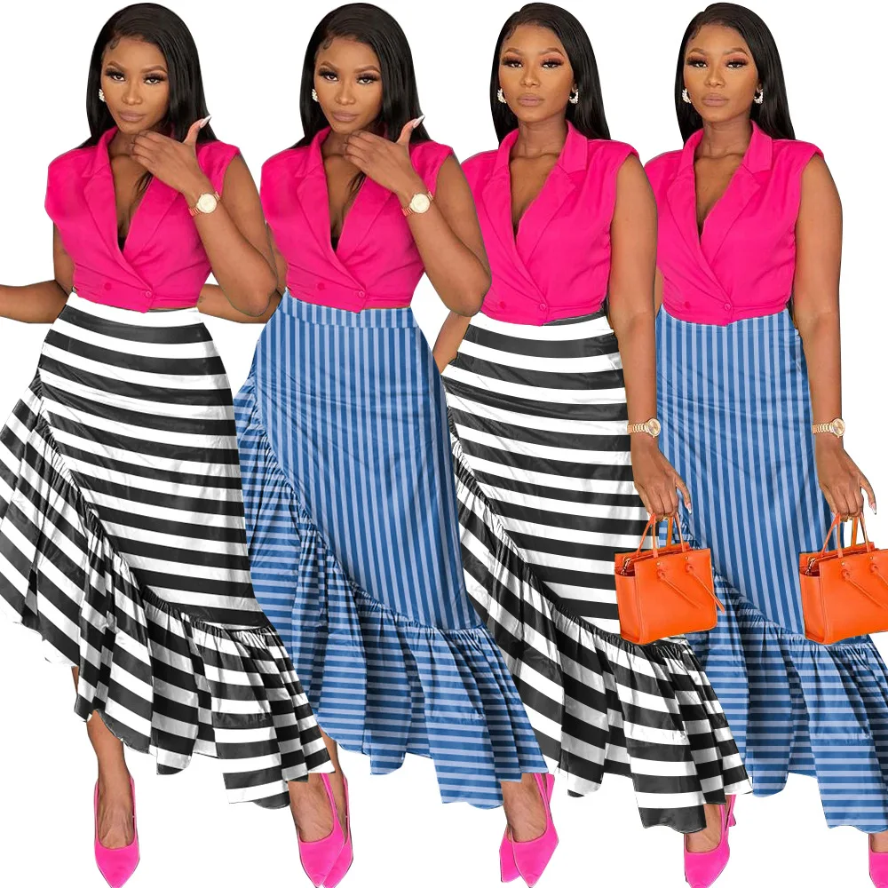 New Design High Waist Large Hem Skirts For Women Stripe Print Ruffles Skirts Temperament Ladies Long Skirt