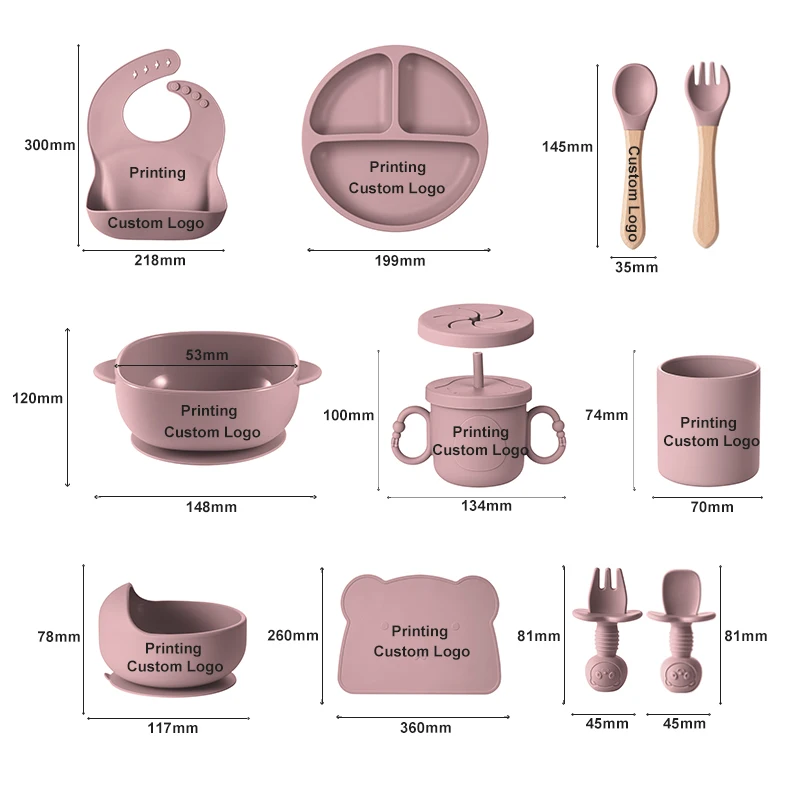 Bpa Free Toddler Weaning Tableware Adjustable Bib Spoon Fork Suction Bowl Divided Plate Silicone Baby Feeding Set