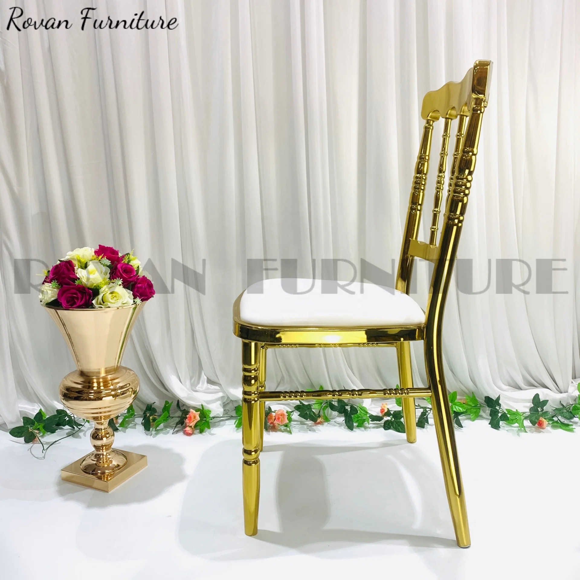 Mid Century Modern stainless steel upholstery Dining white leather napoleon chiavari chair gold stackable wedding event Chair