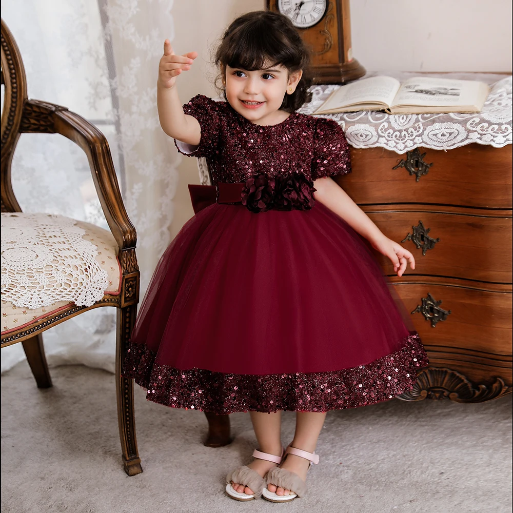 Children Christmas Girl Party Dress Beautiful Girls Birthday Dress Fancy Short Sleeve Sequin Kids Dresses