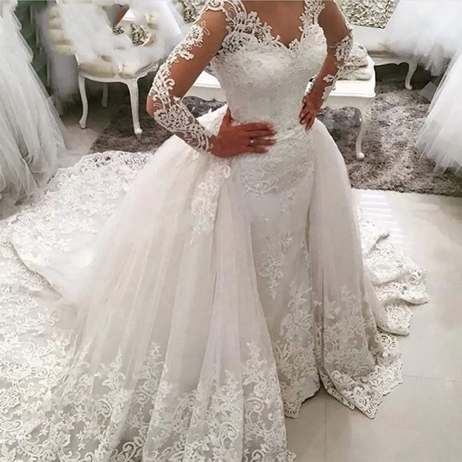 2022 Luxury Wholesale Elegant Women Long Sleeve Lace Sweep Train Vestido De Novia Mermaid Bridal Gowns Mermaid Wedding Dress
