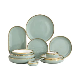 Nordic Household Tableware Gilt Edging Porcelain Plate Dish Rice Bowl Steak Plate Combination Light Green Simple Style