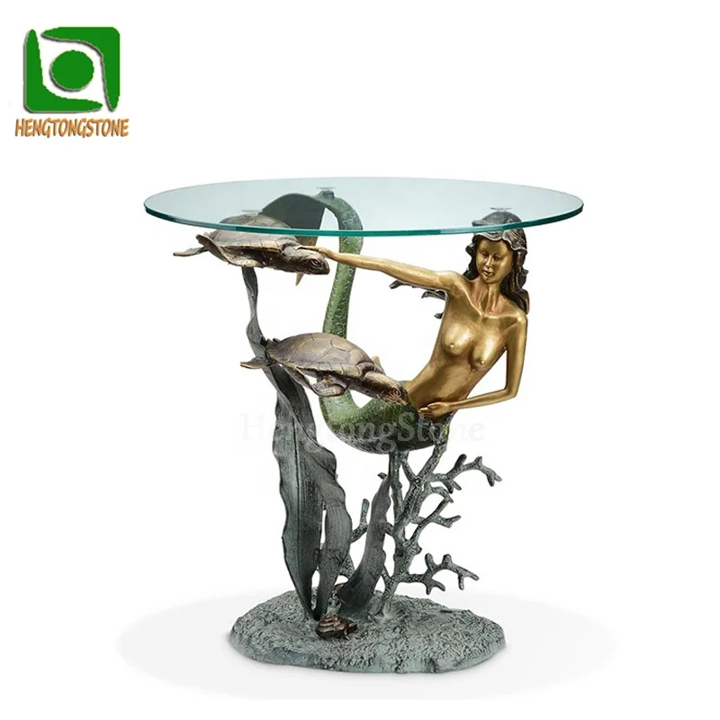 Home Decoration Casting Brass Life Size Mermaid and Turtle Statue Glass Coffee Table Statue