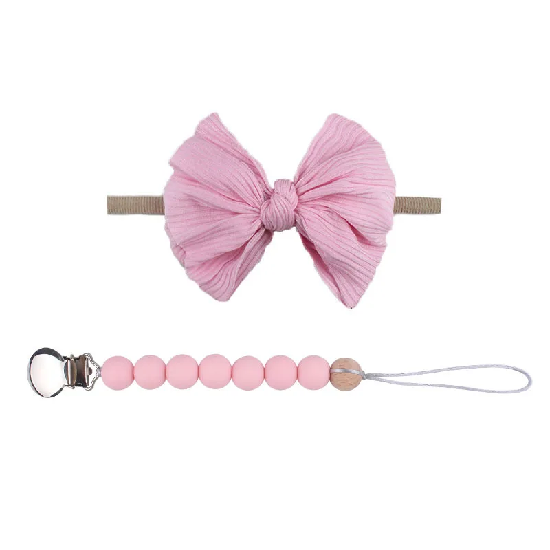 New design baby hair accessories nylon bow hair band baby soothing silicone pacifier anti-drop chain set