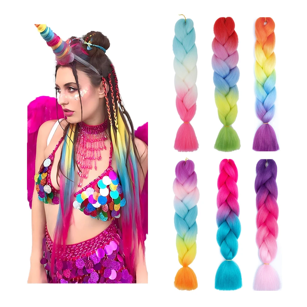 Shinein 26 inch Yaki Straight Sparking Glitter Ombre Braiding Hair 9 Strands Colored Tinsel Ponytail Extension