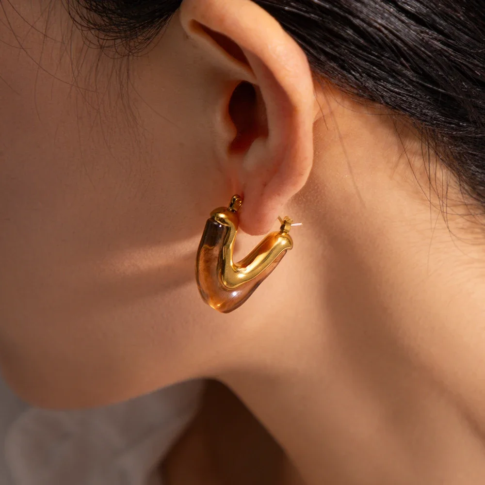 SUMMLY 18K PVD Gold Plated V Shape Chunky Statement Earring Design Colorful Acrylic Hoop Earring Stainless Steel