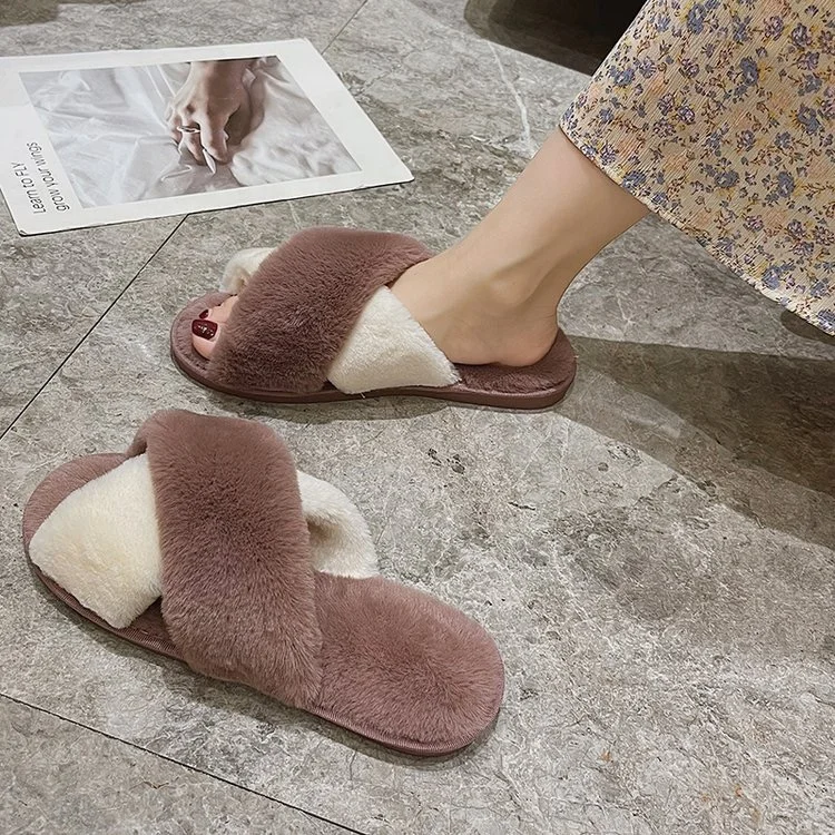 Fluffy Slip Resistant Home Slippers Fur Cross Color Matching Open Toe Slippers Indoor