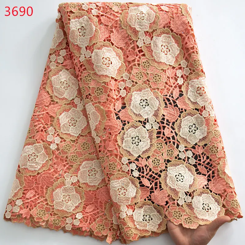 3690 Elegant African Lace Fabric 2024 High Quality Guipure Cord Lace with Crystal Stones for Sewing Nigeria Bride Dresses