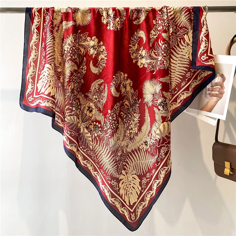 Customized Large Square Satin Scarf For Women Silk Feeling Scarves Beach Shawls Muslim Hijab Wraps Stoles Female Foulard