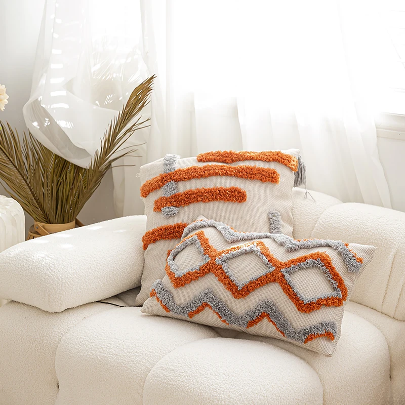 French Style Brown Living Room Sofa Cushion Light Luxury Geometric Embroidery Backrest Pillowcase for Home or Hotel