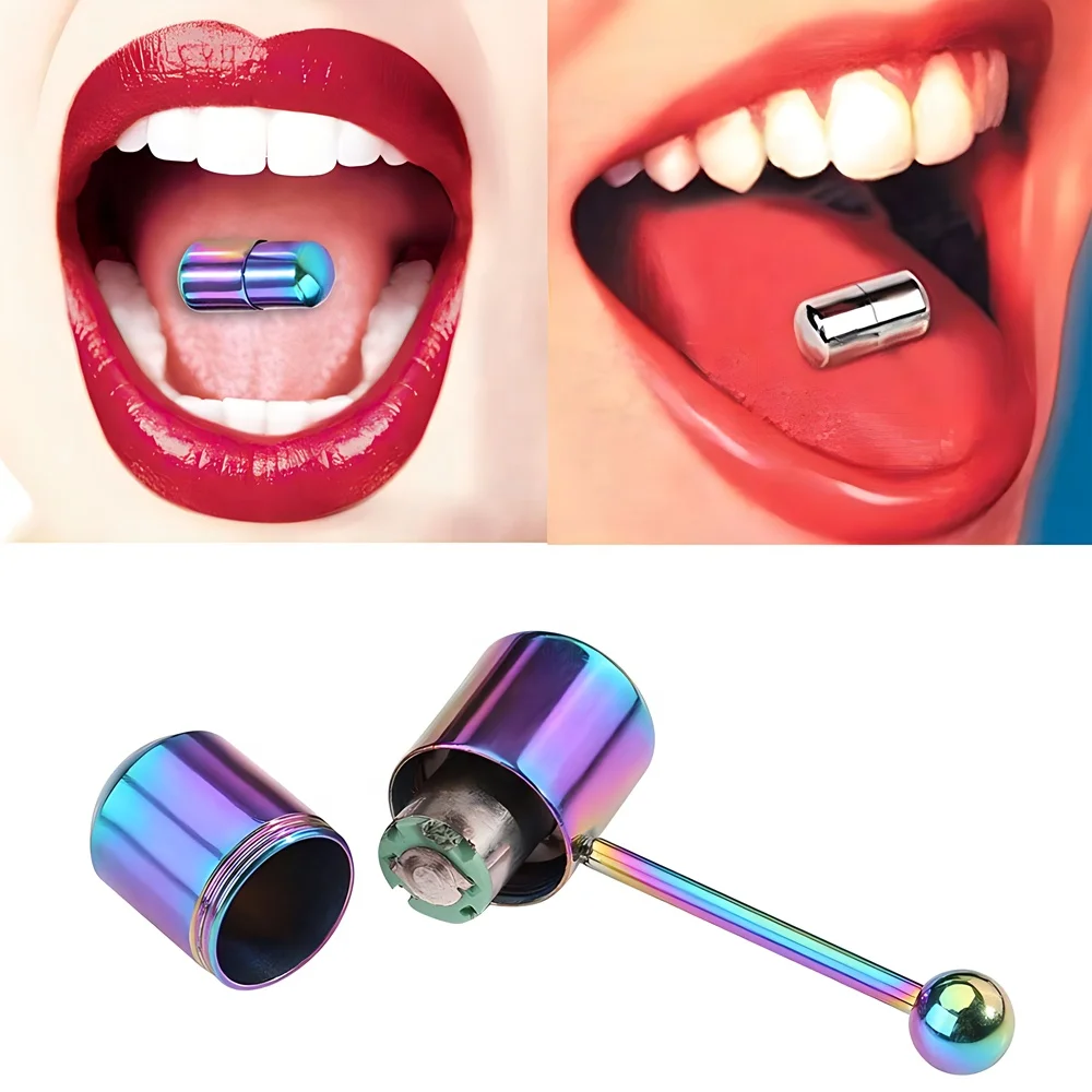 316L Stainless Steel Body Piercing Shock Massage Tongue Barbell Vibrating Tongue Ring With  Battery