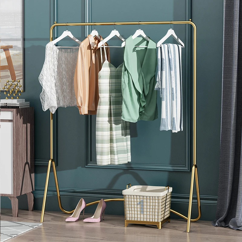 Metal Clothing Display Stand Floor Hanging Rail Lady Clothing Display Golden Rail Garment Rack for Fashion Clothing Store