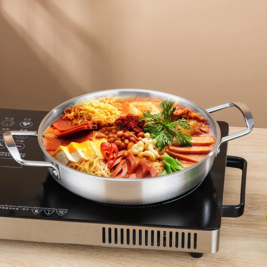 Drop Shipping Double Handle Hot Pot Paella Pan Korean Seafood Pot Ramen Pot Silver Stainless Steel Noodle Pan