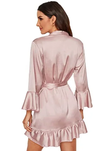 Wholesale Price Girl Night Dress Satin Plain Short Kimono Sexy Black Satin Robe