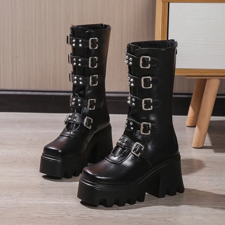 BUSY GIRL X4526 Black Platform Goth Boots for Women Studded Mid Calf Punk Boots Round Toe Chunky Heel Zipper Ankle Booties