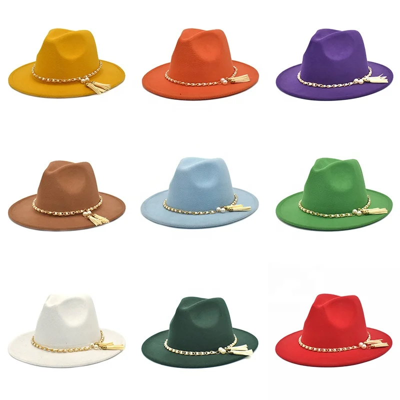 2021 Wholesale Lady Fashion Wide Brim Felt Fedora Panama Hat with Ring Belt Unisex Fedora Hats Custom Logo Eco-friendly Adults
