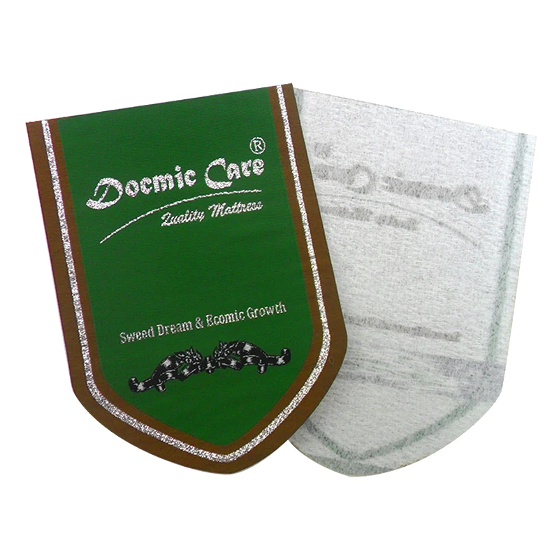 Custom Textile logo Satin silicone Polyester White Woven Laser Heat Cut Fold Adhesive Sticker Private Mattress Carpet Tag Label
