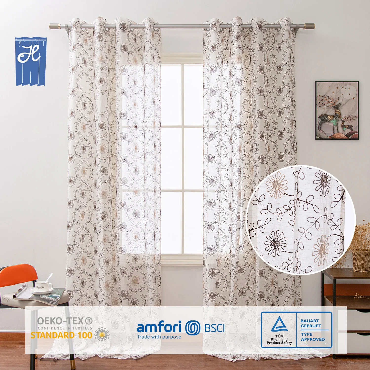 Custom New Two Colors Design Floral Embroidery Sheer Tulle Embroidered Curtains Drapes Living Room Decor